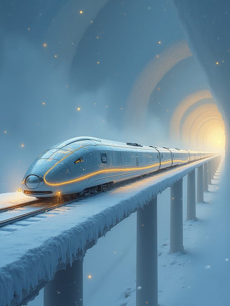 Futuristic Crystal Train in Norway Snowstorm