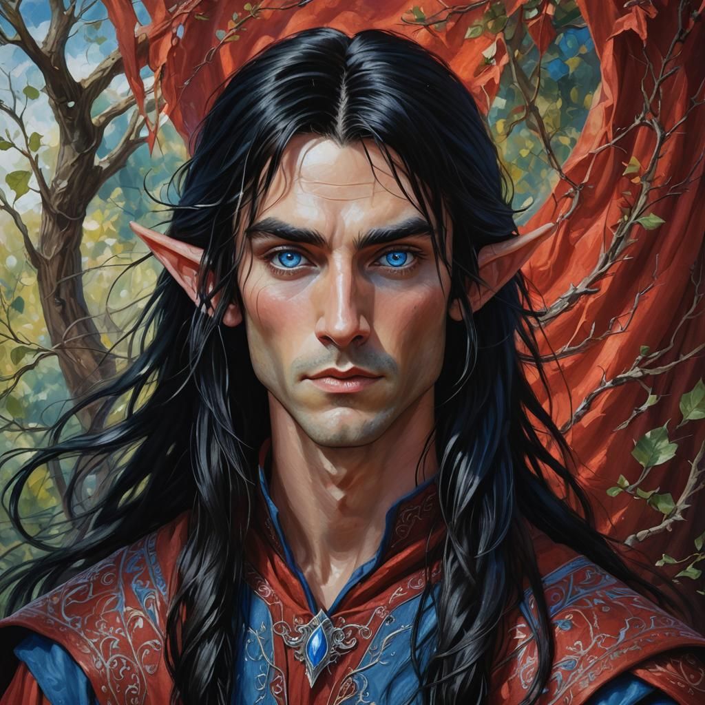 young male elf with very long black hair and blue eyes and s...