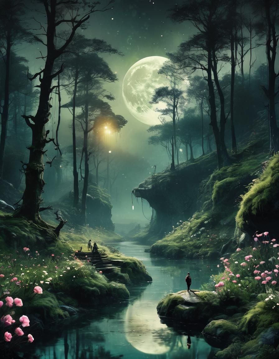 Surreal Moon Forest with Waterfalls in Splatter Art
