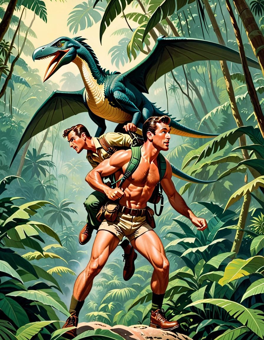 Jungle Explorer Carried Away by Pterodactyl, Pulp Art