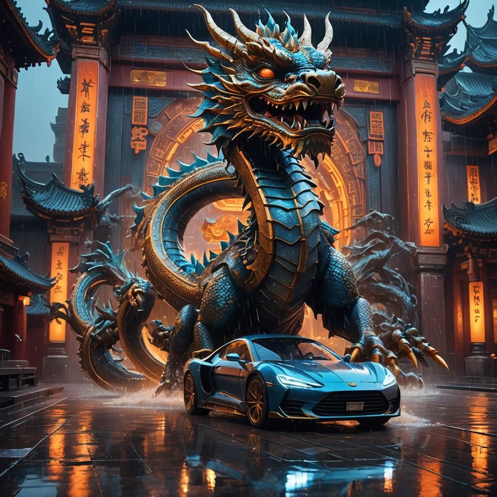 Futuristic Car at Ancient Temple in Neon Cityscape