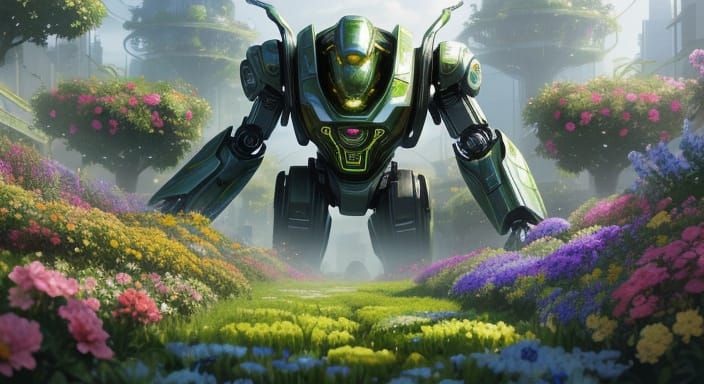 Giant Robot Tends Lush Garden in Vibrant Digital Painting