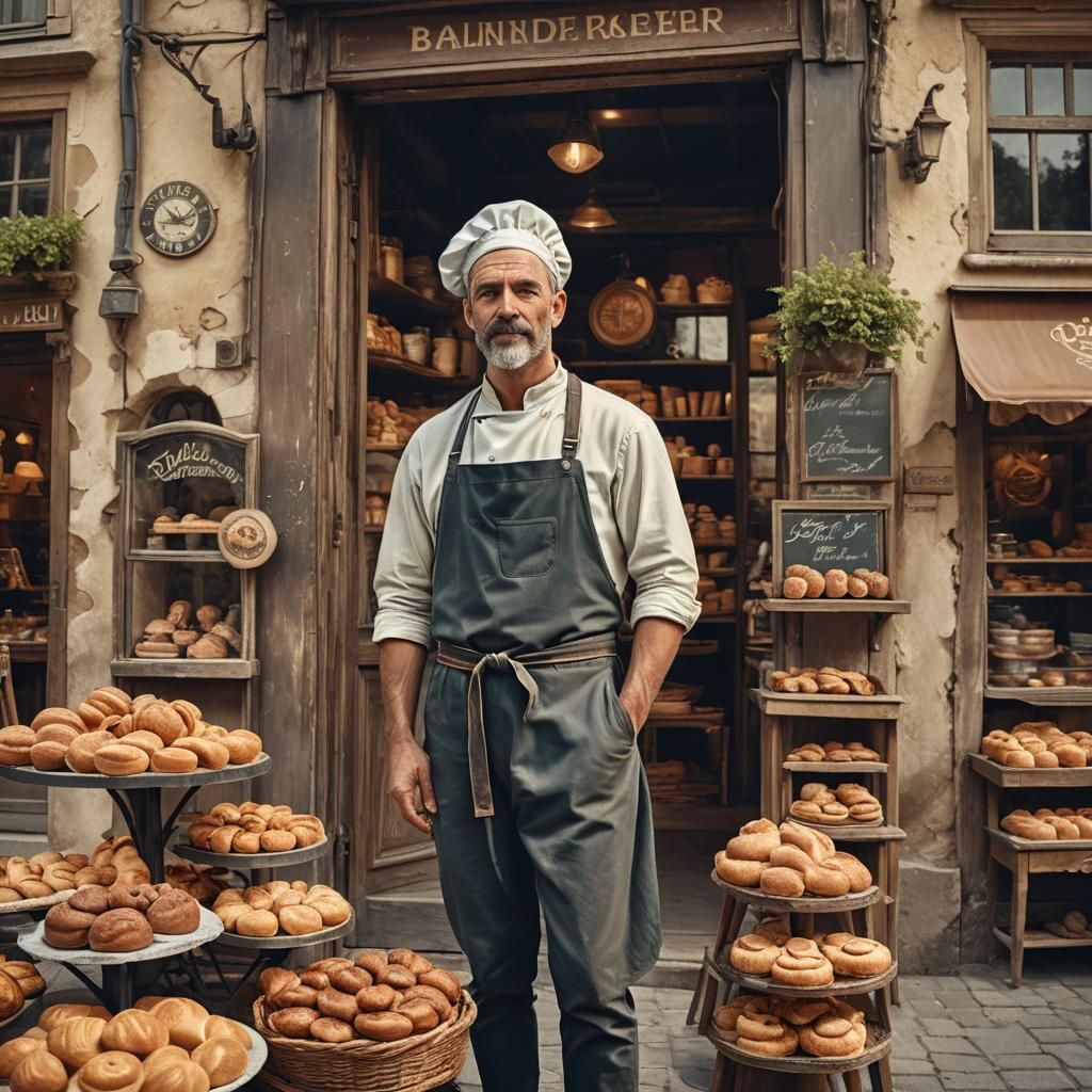 French Baker in Front of Vintage Bakery