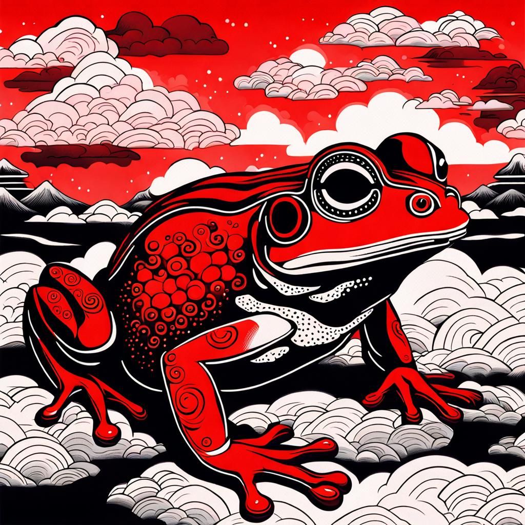 Neon Cloud Frog in Ukiyo-e Style