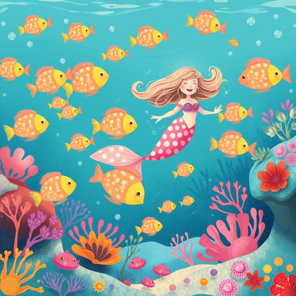 Whimsical Underwater World with Mermaid in Children's Book S...