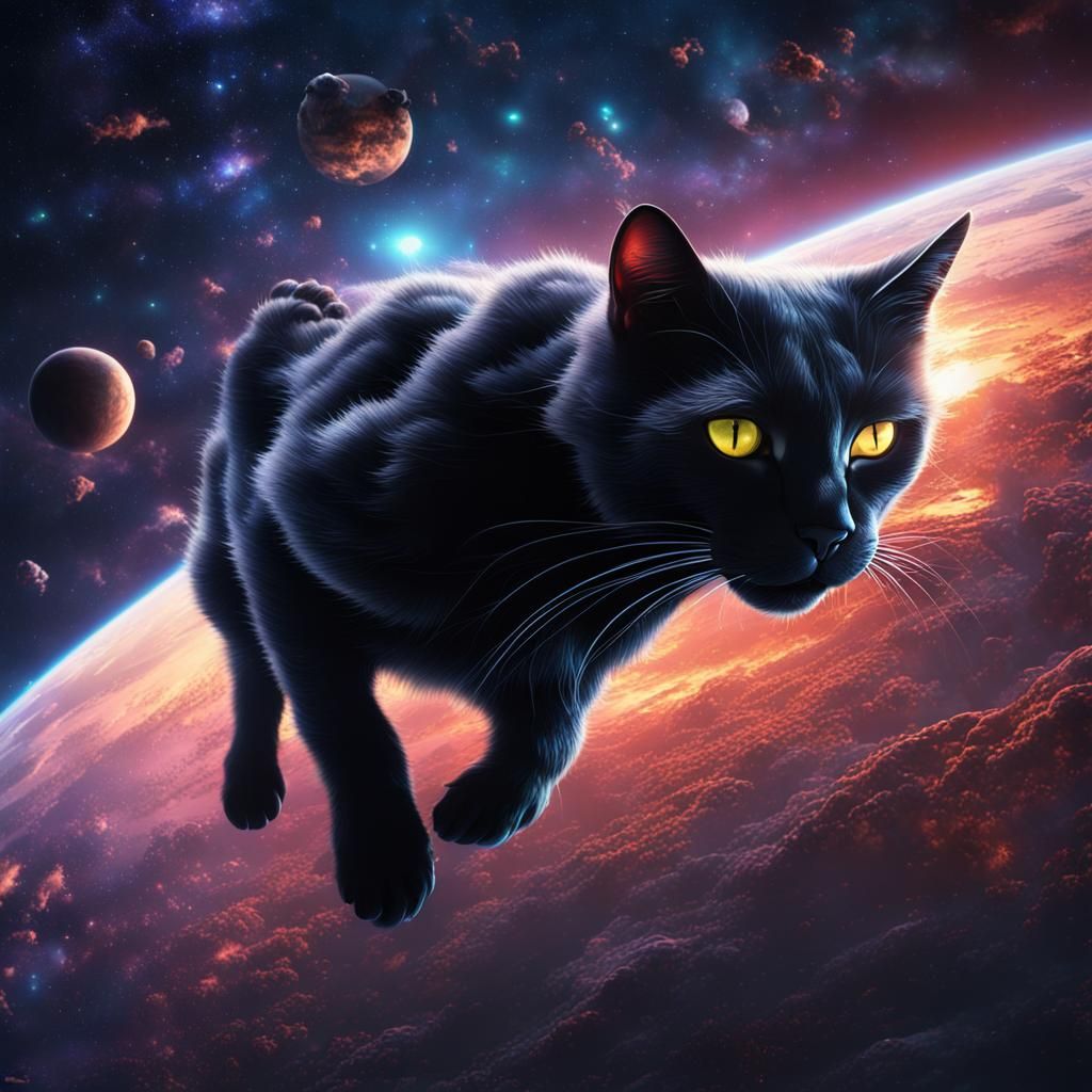 Black Cat Floating in Space: Fantasy Concept Art