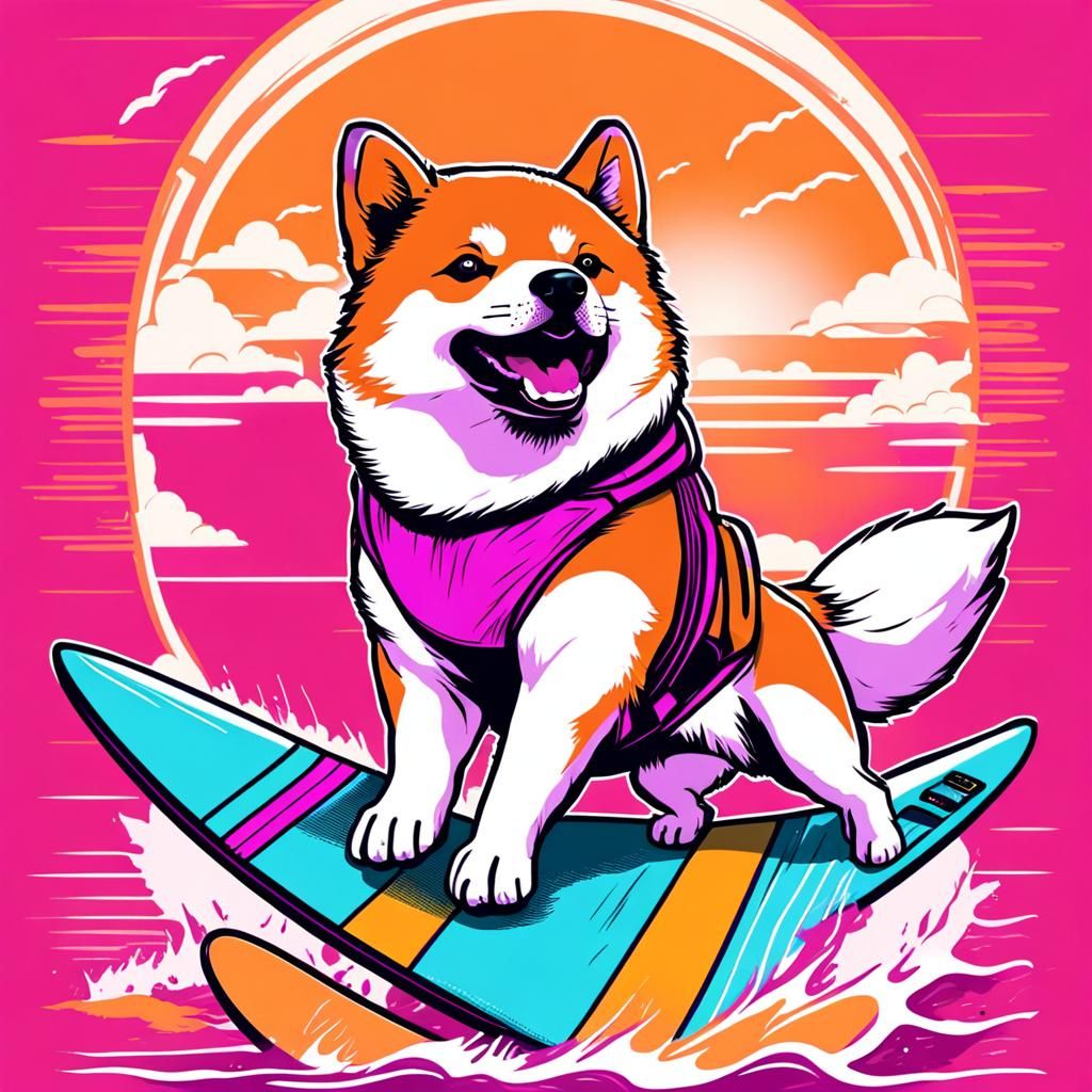 Shiba Inu Surfing in Synthwave Comic Style