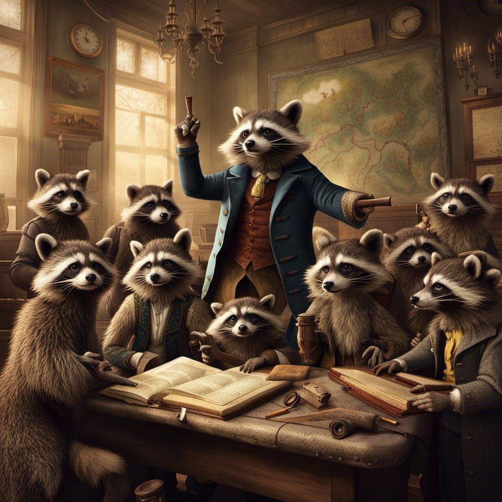 Raccoon Teacher Welcomes Students: 18th Century Matte Painti...