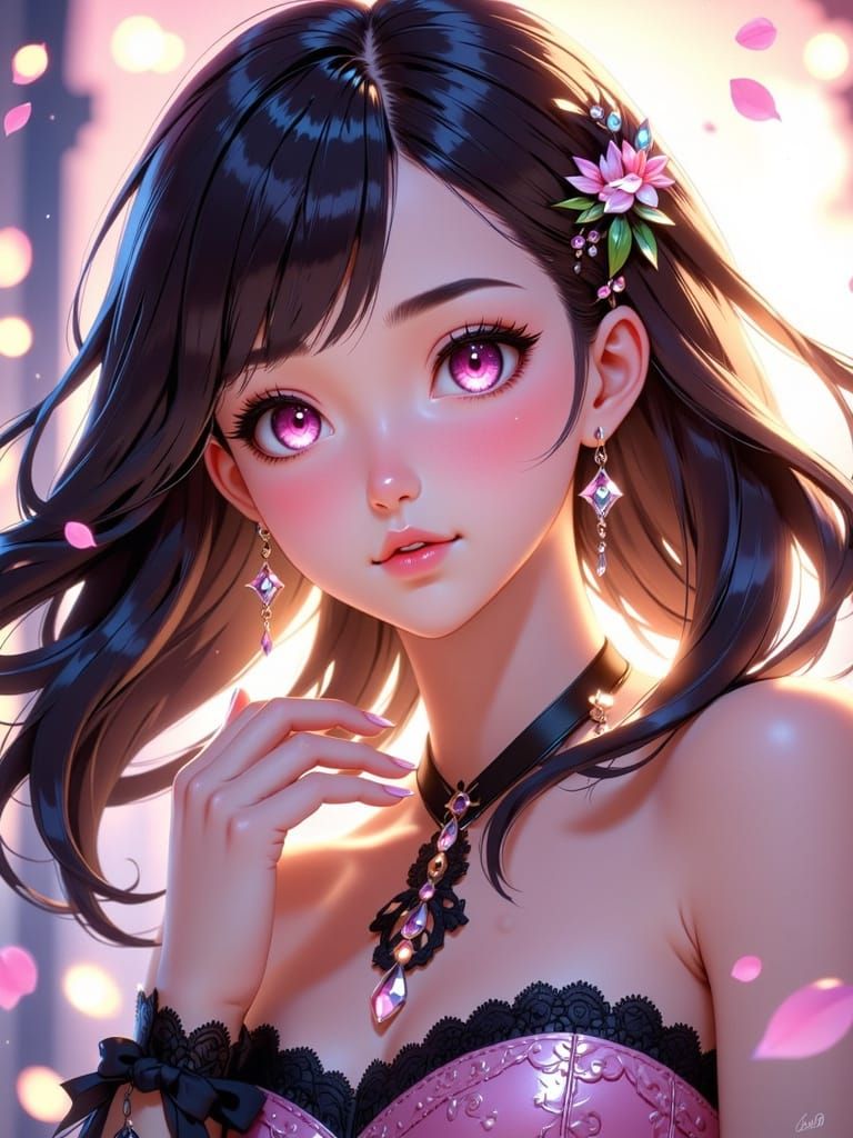 Anime Girl with Luminous Eyes and Drifting Petals