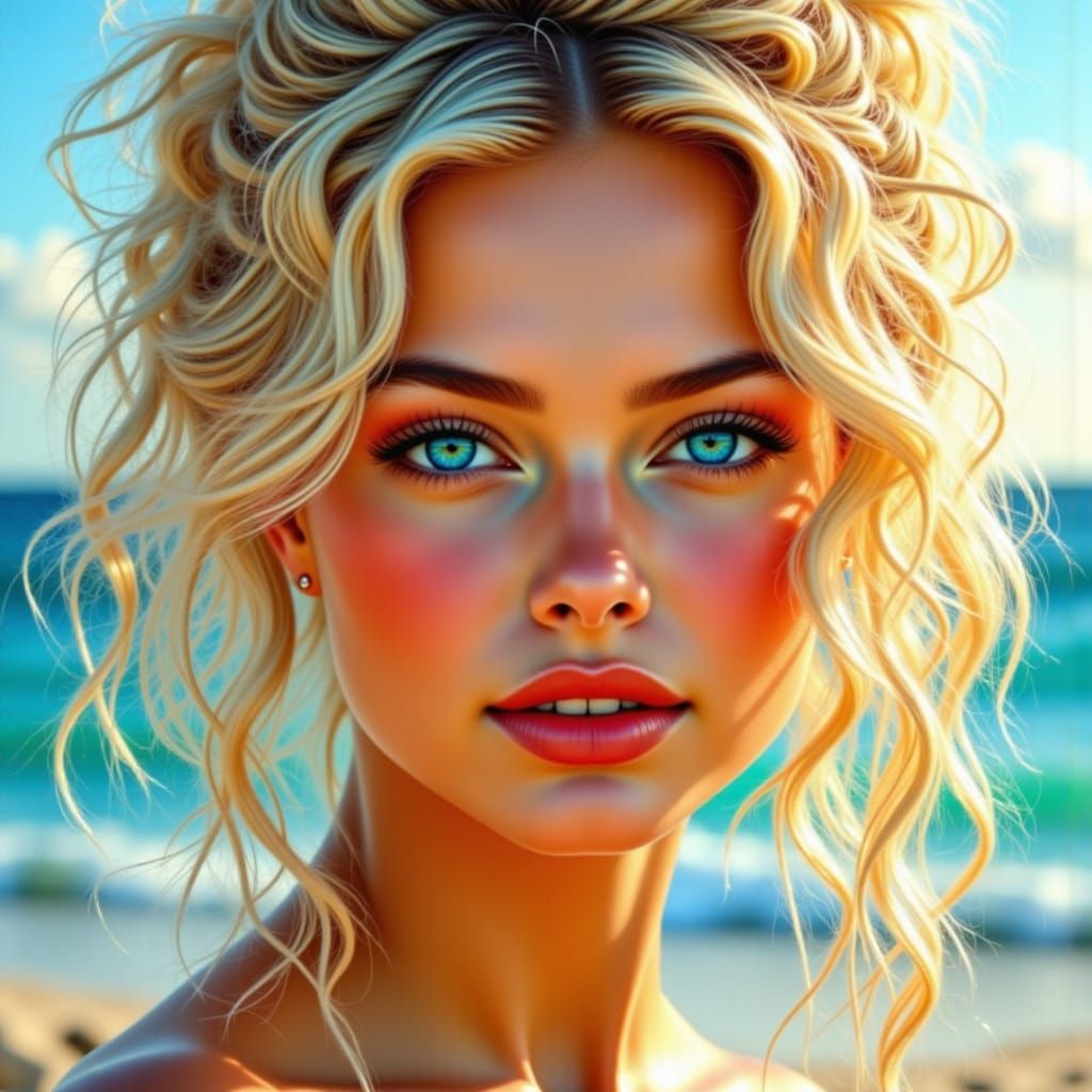 Norse Goddess Portrait on Beach, Expressive Digital Art