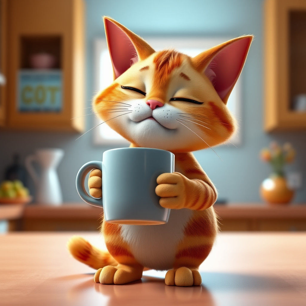 Sleepy Cat with Coffee: 3D Digital Art