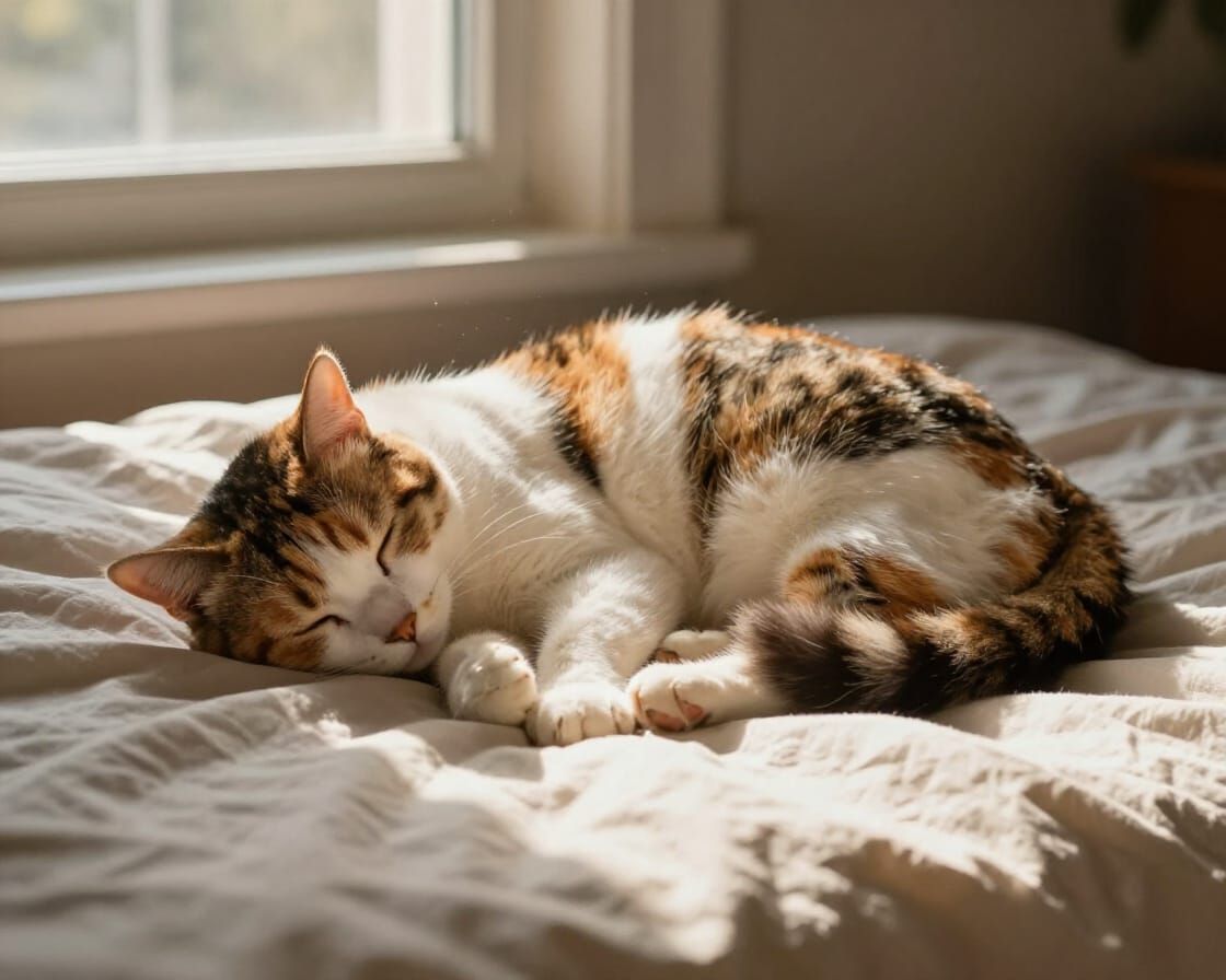 Calico Cat Napping in Sunlight, Painterly Style