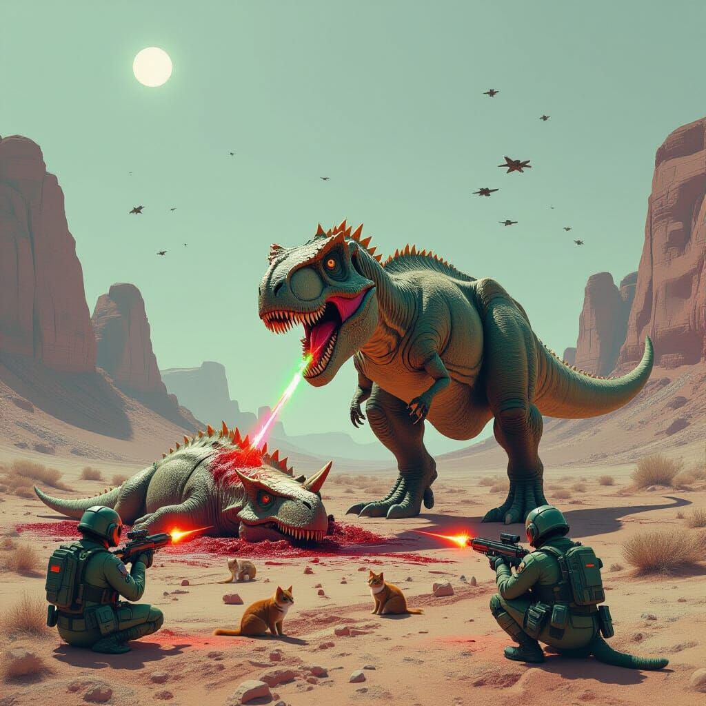 T-Rex Devours Triceratops Under Neon Laser Fire