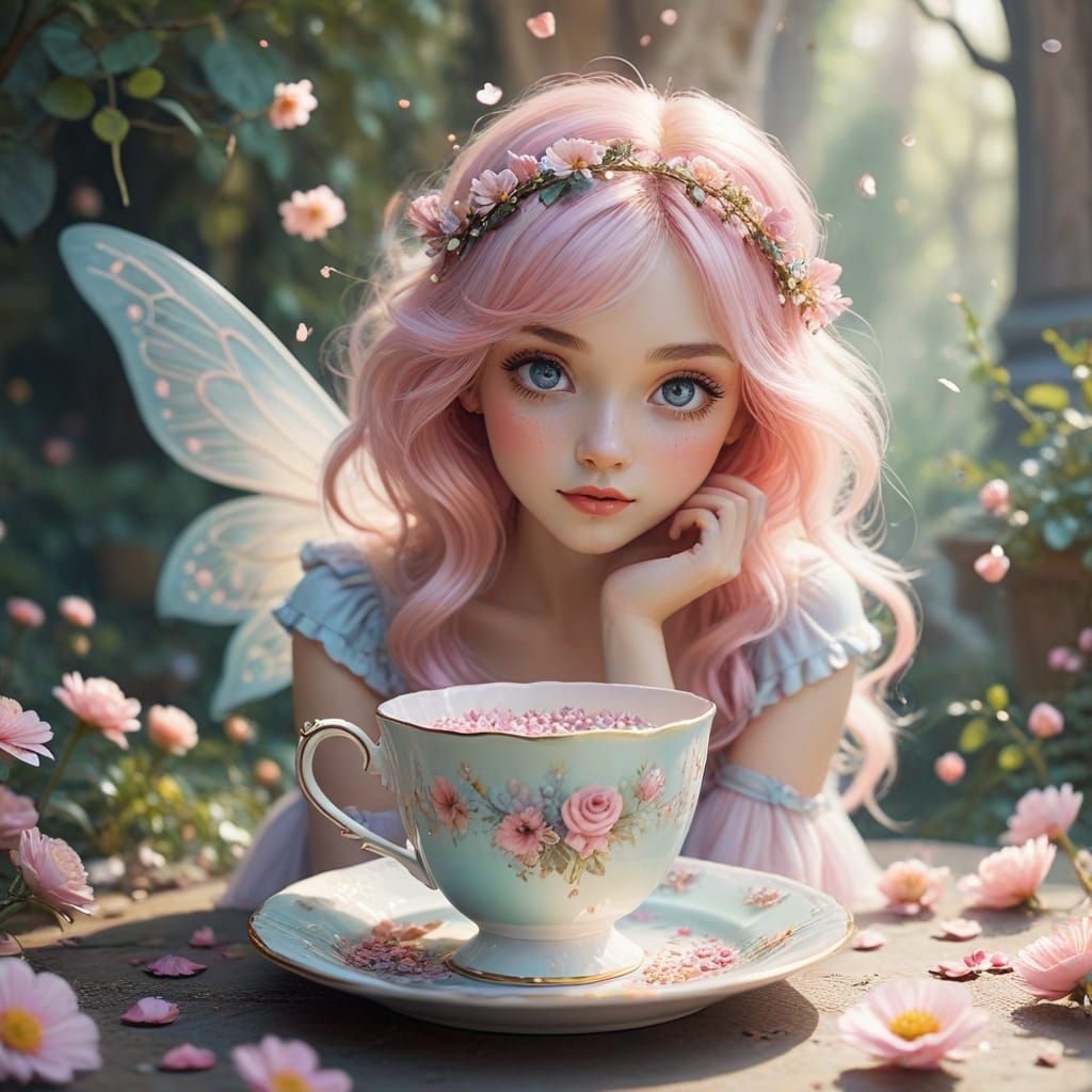 Cute Fairy Girl on Magical Teacup in Storybook Style