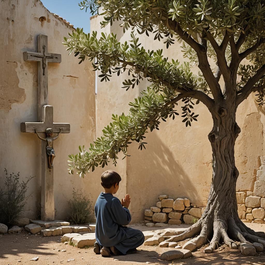 Child Praying by Olive Tree and Cross