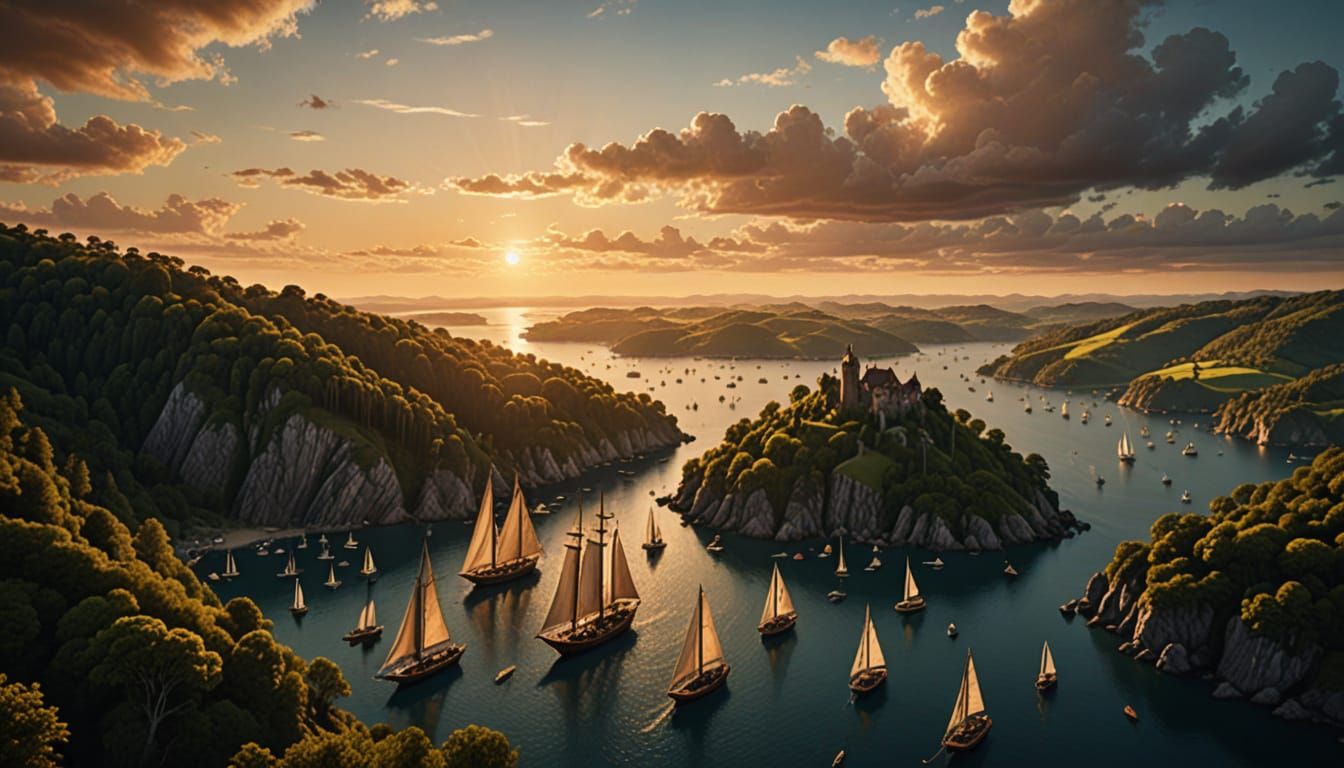 Epic Fantasy Harbour at Golden Hour, Cinematic Film Style