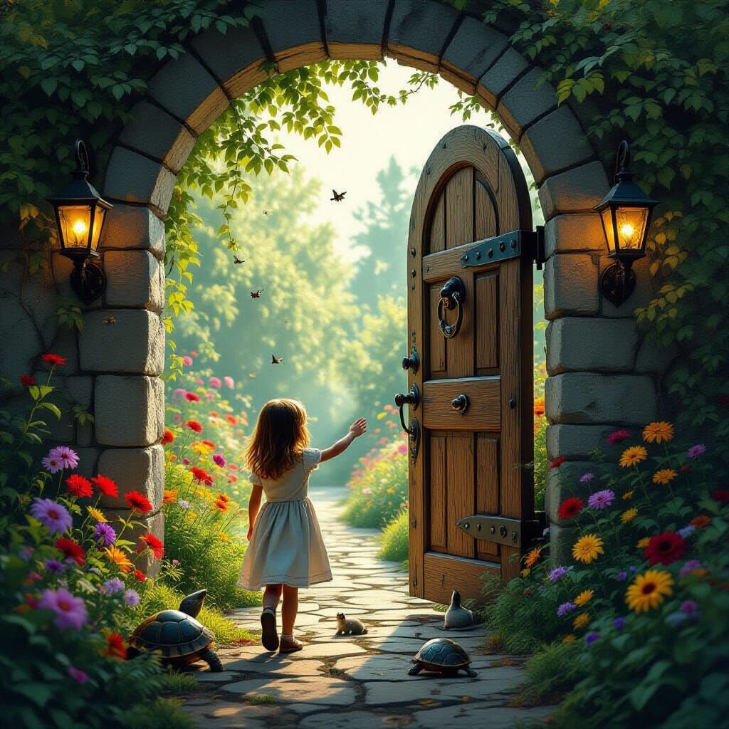 Girl Enters Secret Garden with Animals and Flowers