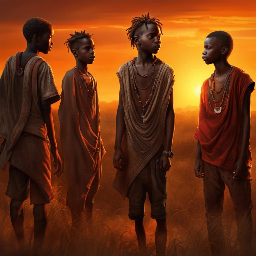 Sorrowful African Boys at Sunset: Photorealistic Image