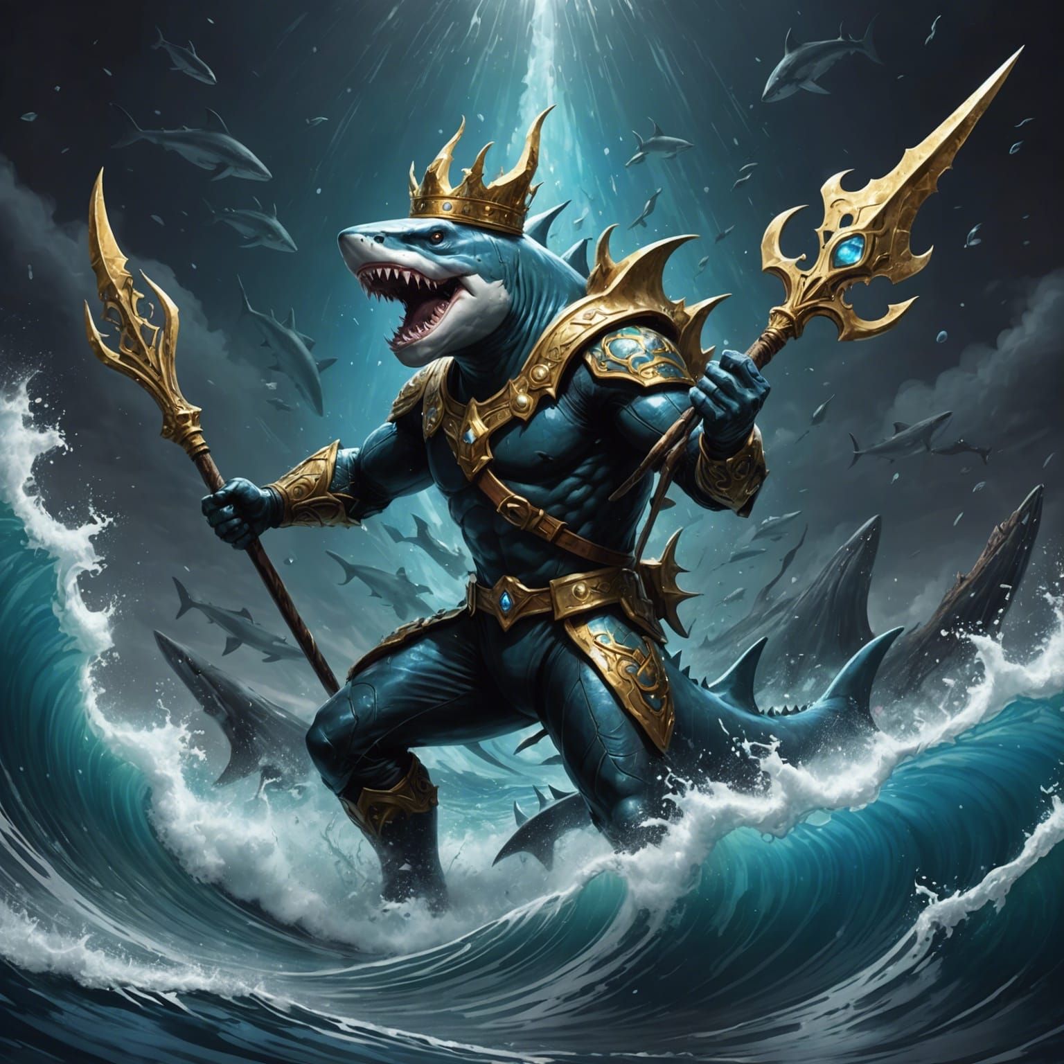 Shark-Man King Commands Tsunami in Cosmic Gouache Style