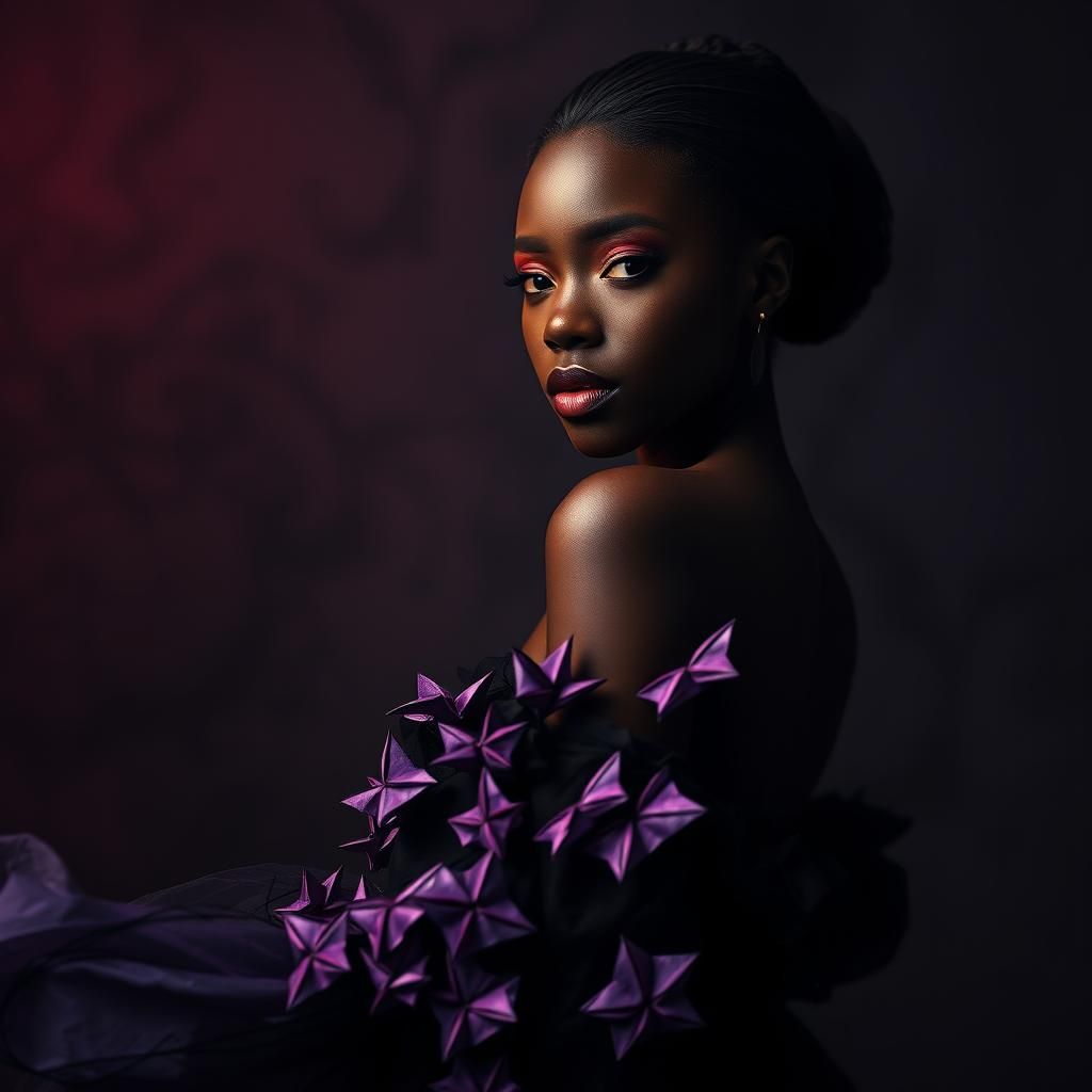 Ebony Woman in Origami Gown, Impressionistic Concept Art