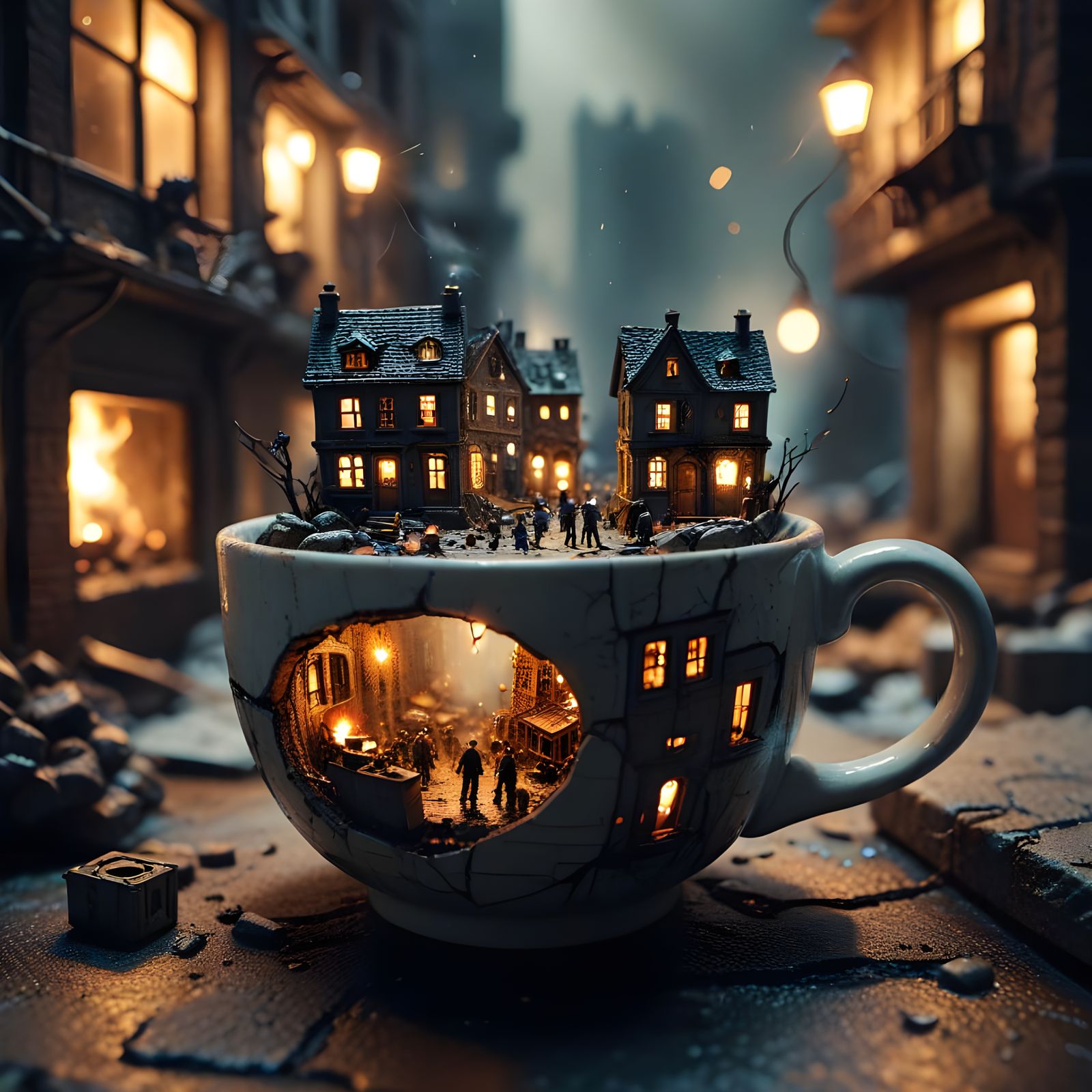 Miniature Dystopian Cityscape in a Stained Teacup