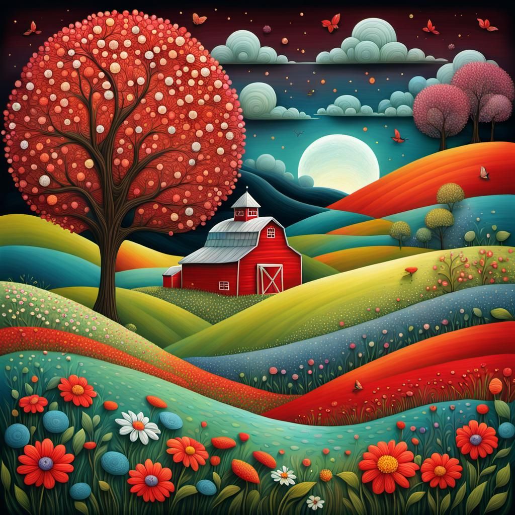 Vibrant Spring Landscape with Red Barn