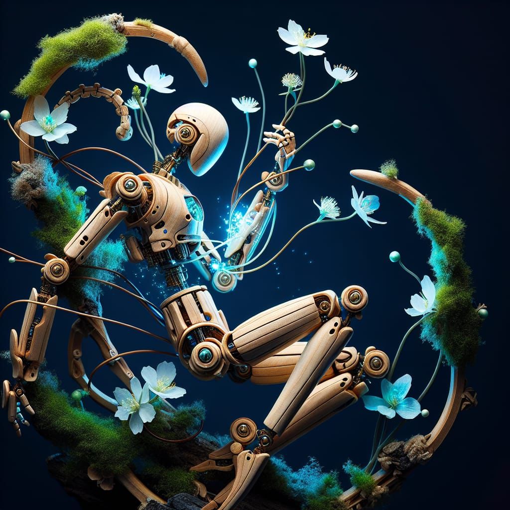 Wooden Robot Sculpture with Flowers and Blue Glow