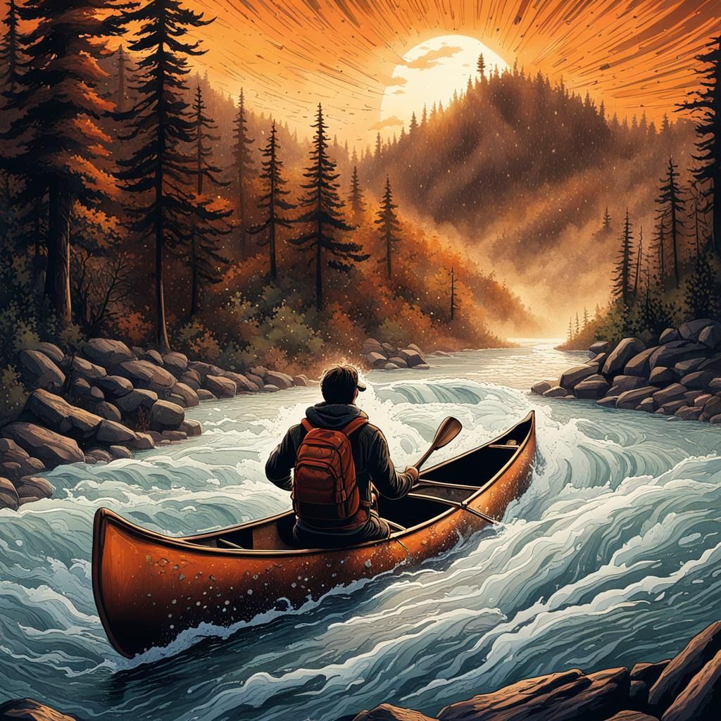 Wilderness Rapids: Storybook Illustration of River Canoe