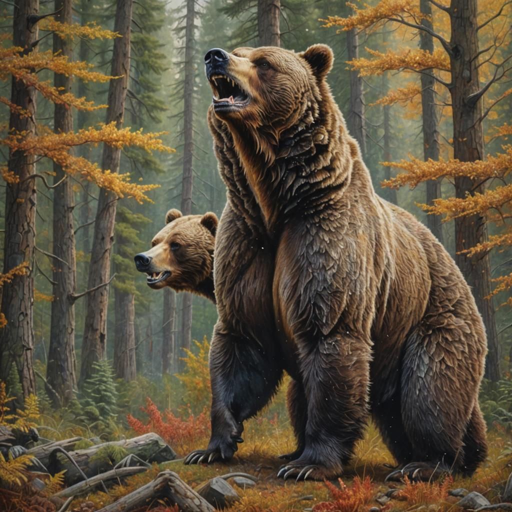 Grizzly Bears Clash in Sparkling Pointillist Forest