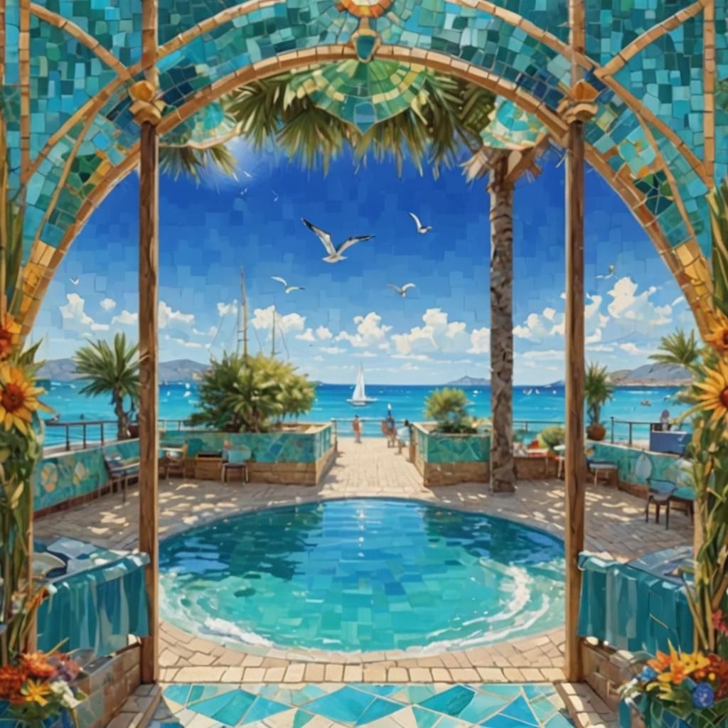 Vibrant Seaside Mosaic Scene in Summer