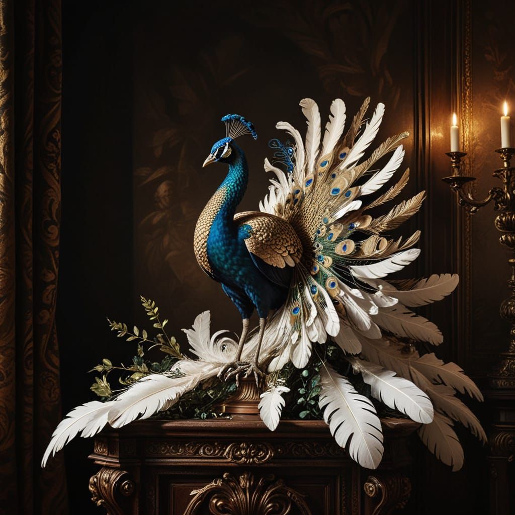 Golden Peacock on Velvet Pedestal in Opulent Baroque Style