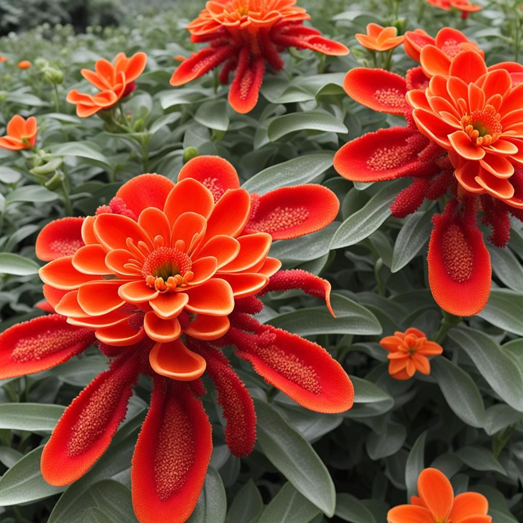 Red-Orange Alien Flowers: A Surreal Botanical Vision