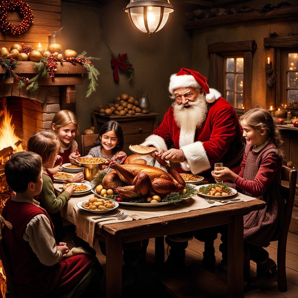 Santa Shares Thanksgiving with Children: Photorealistic Rend...