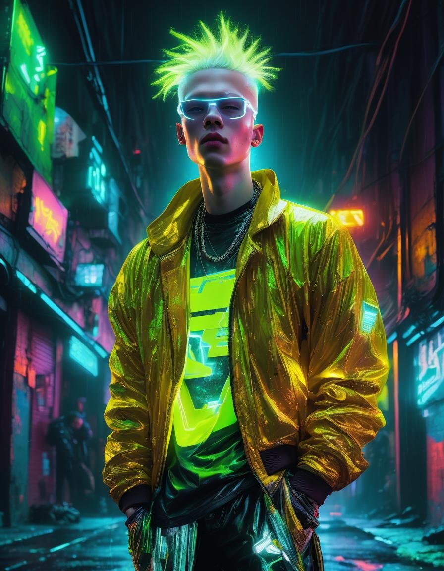 Cyberpunk Albino in Neon Alleyway