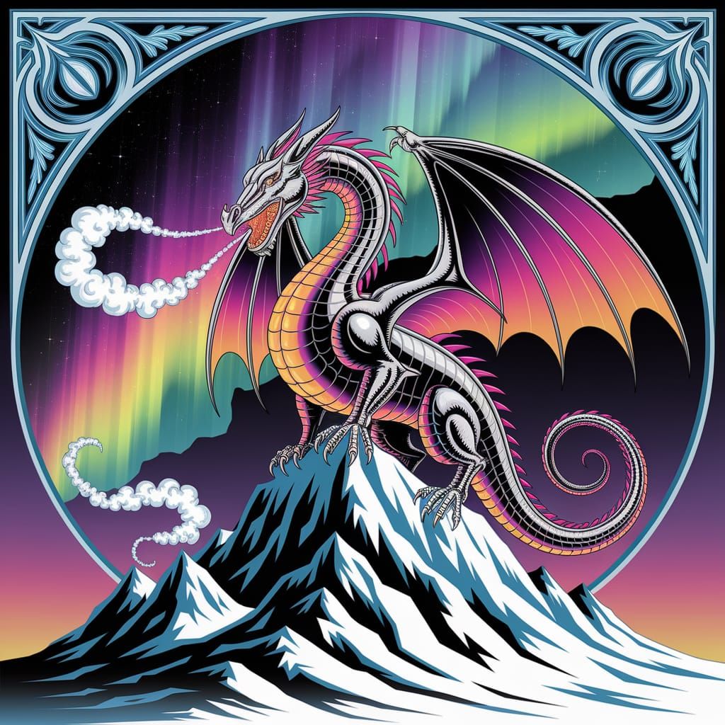 Chromatic Dragon Perched on Snowy Mountain