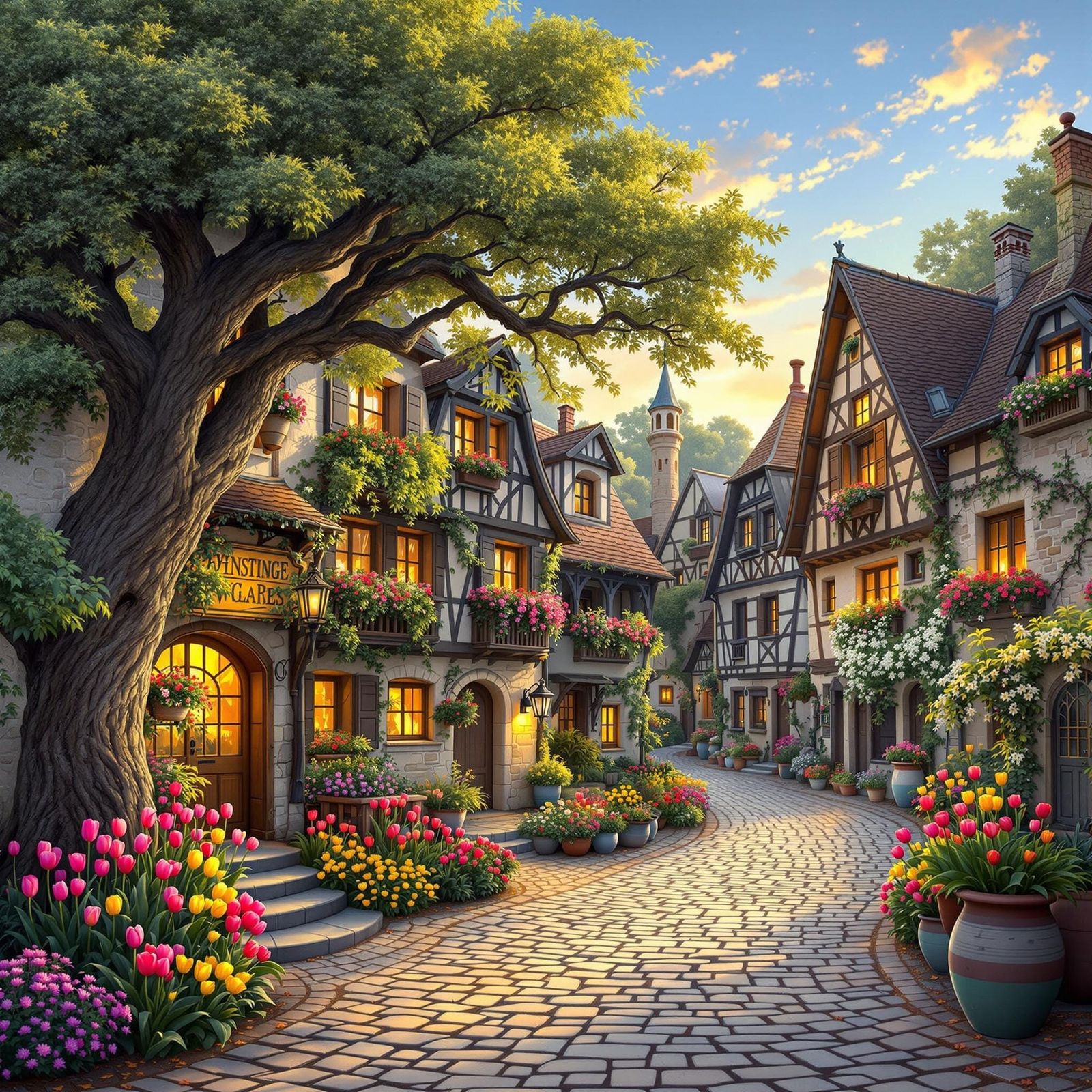 An old  stone village, with buildings decorated with flowers and climbing plants