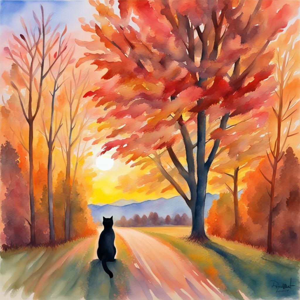 Autumn Scene with Cat and Sunset in Gouache Style