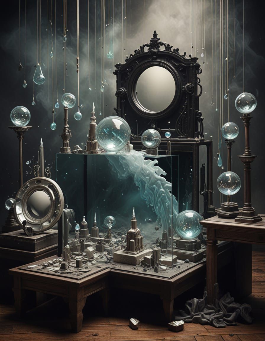 knolling Trompe l'oeil mirrors glass  iridescent fog laser b...