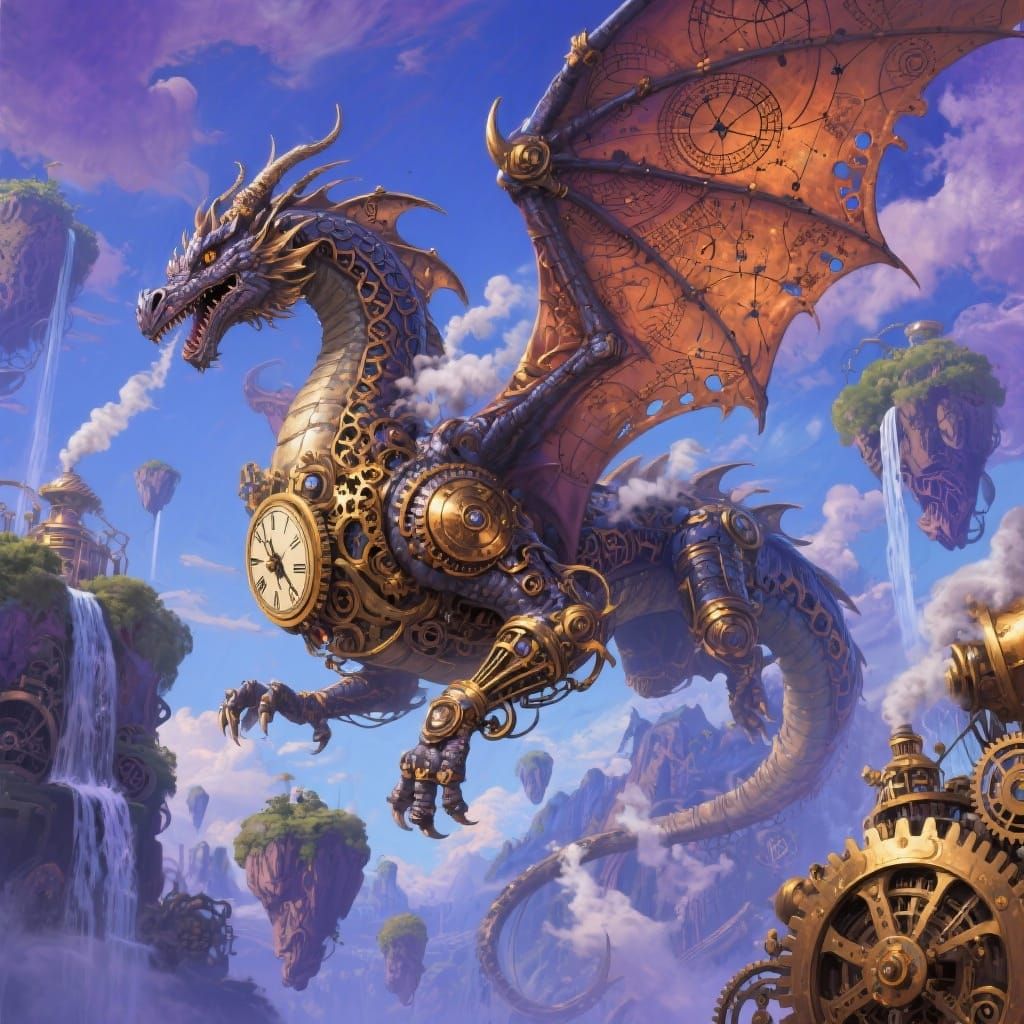 Steampunk Clockwork Dragon Soaring Through Sky