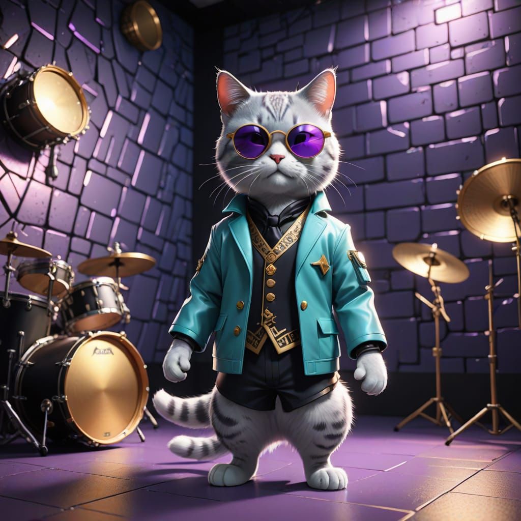 Vibrant Anime-Style Cat Drummer in Turquoise Shades