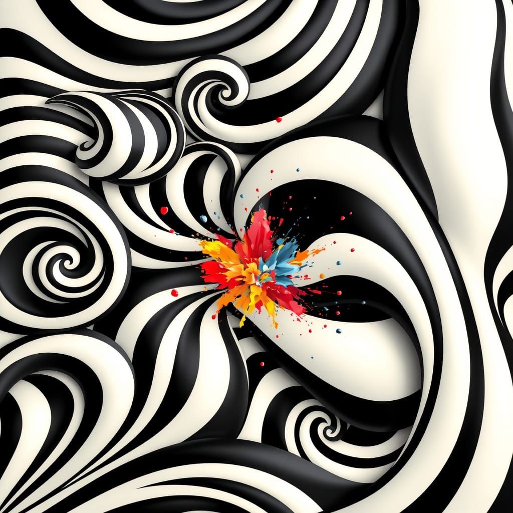 Art Nouveau 3D Black and White Stripes in Vibrant Color