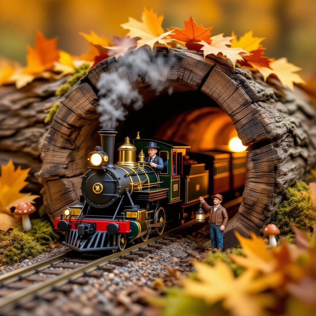 Tiny Autumn Train Through Log Tunnel in Storybook Style