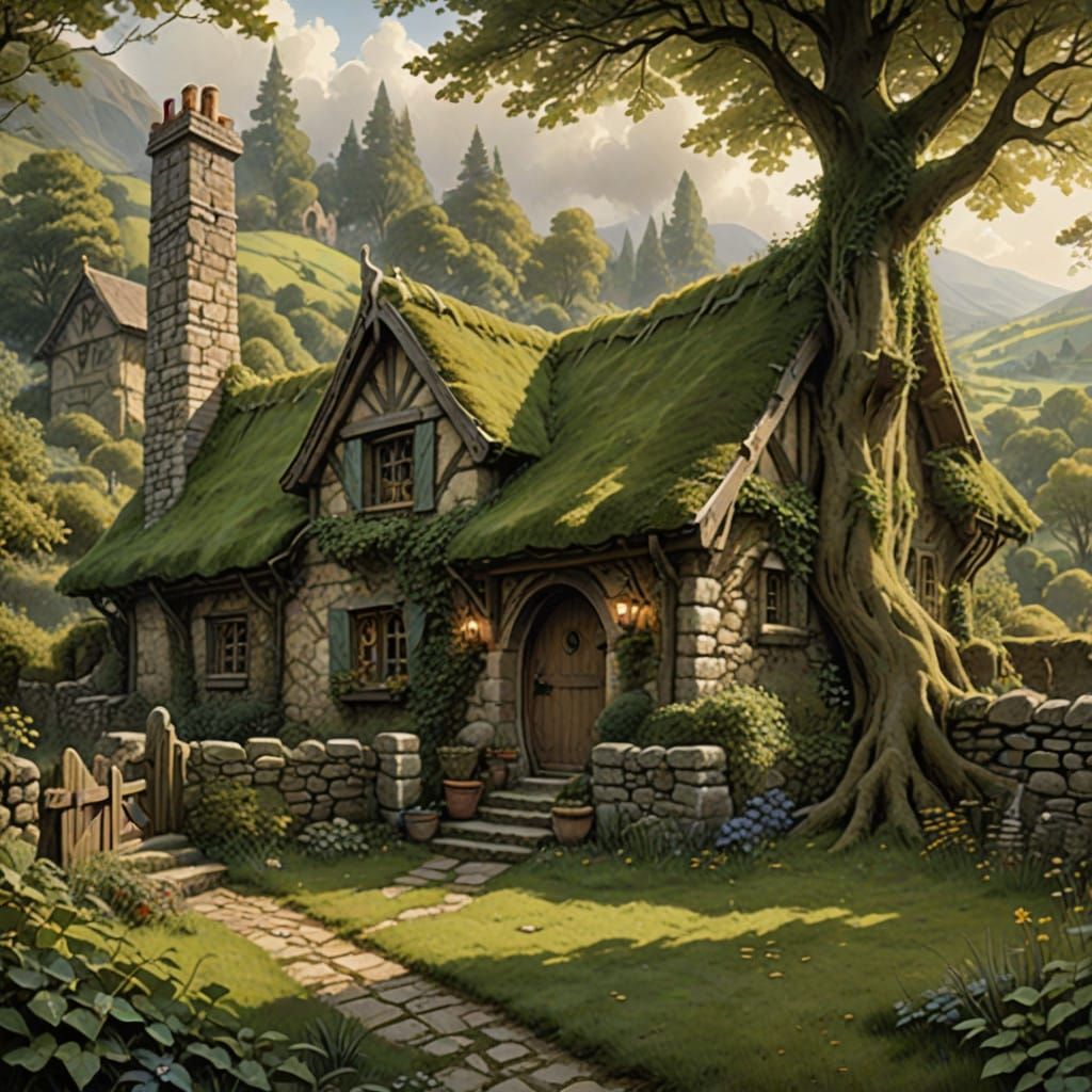 Cozy English Cottage in the Style of Alan Lee's Watercolor I...