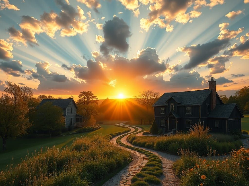 Fantasy Farmhouses at Sunset in Romantic Style