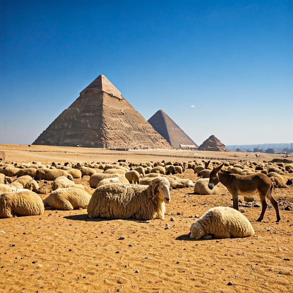 Sheep, Horses and Donkeys Gather Around Ancient Pyramids