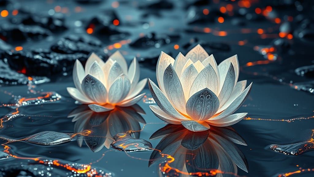Silver Lotus Flowers on Molten Lava