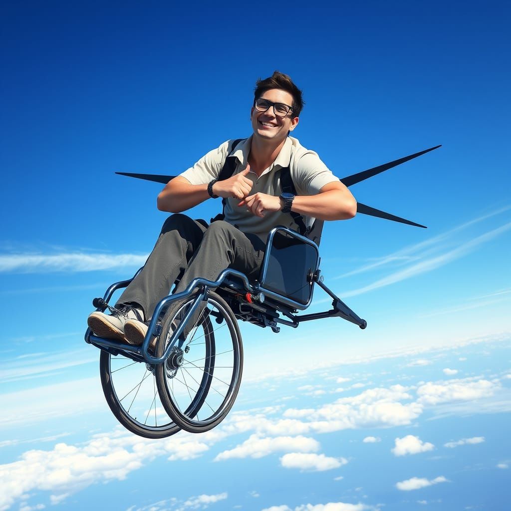 Flying Wheelchair Soaring Through Blue Sky