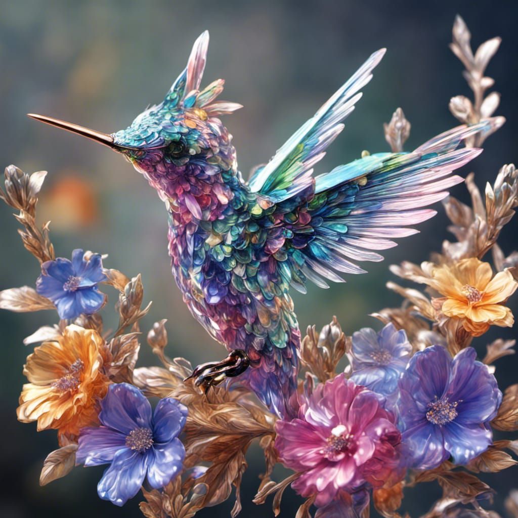 Crystalline Hummingbird with Crystal Flowers