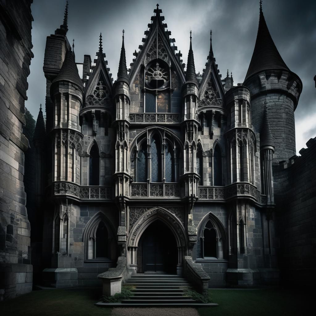 Gothic Castle with Grinning Skeleton in Gothic Art Style