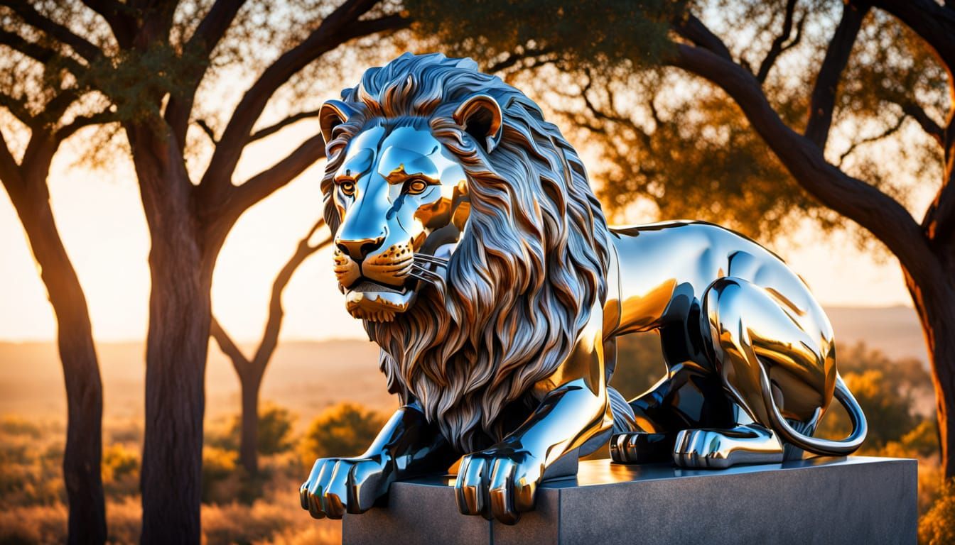Chrome Lion Dominates Golden Hour Savannah